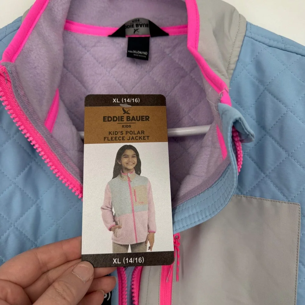 Eddie Bauer Kids Polar Fleece Jacket XL 14/16 Purple Blue Quilted Full Zip‎ New